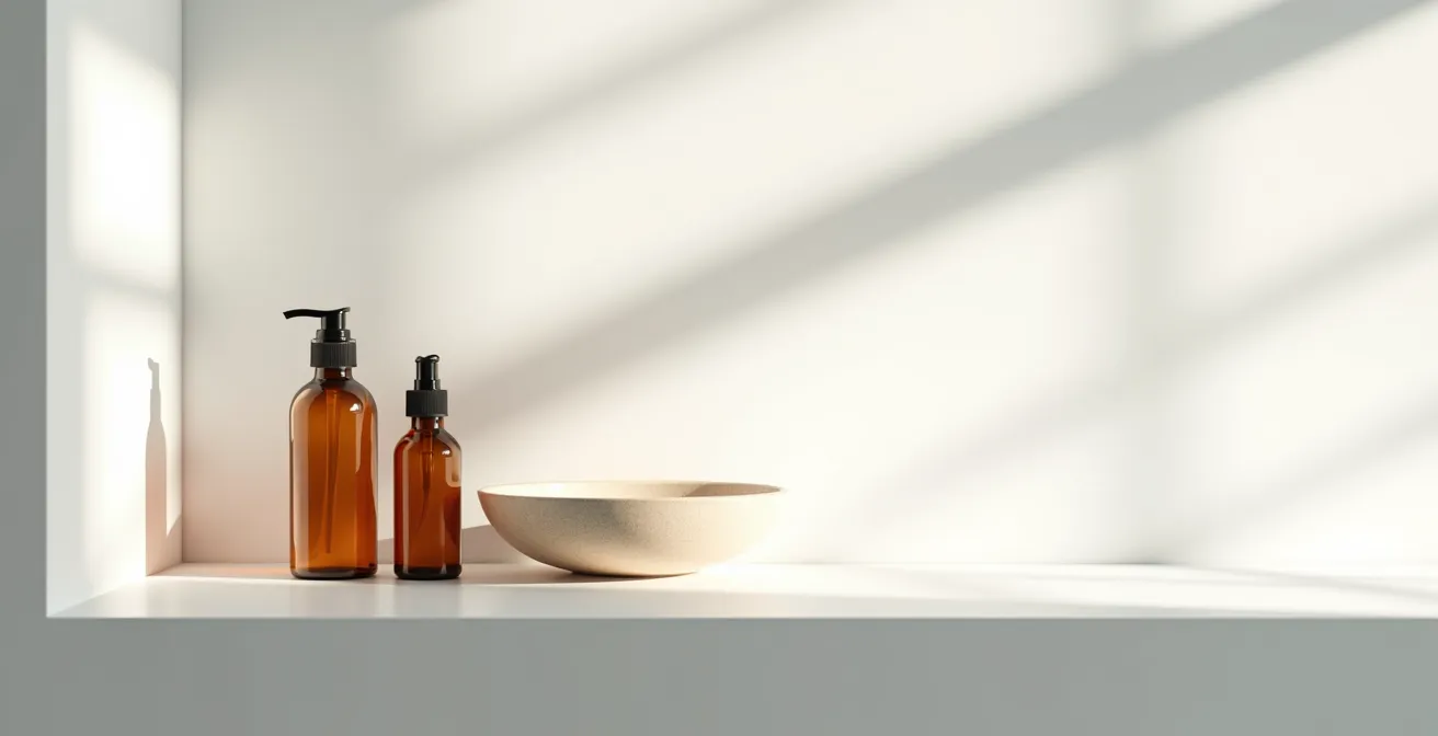 Organisation minimaliste de produits capillaires sur étagère